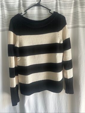 J. Crew Black and Cream Wide-Stripe Crewneck Sweater